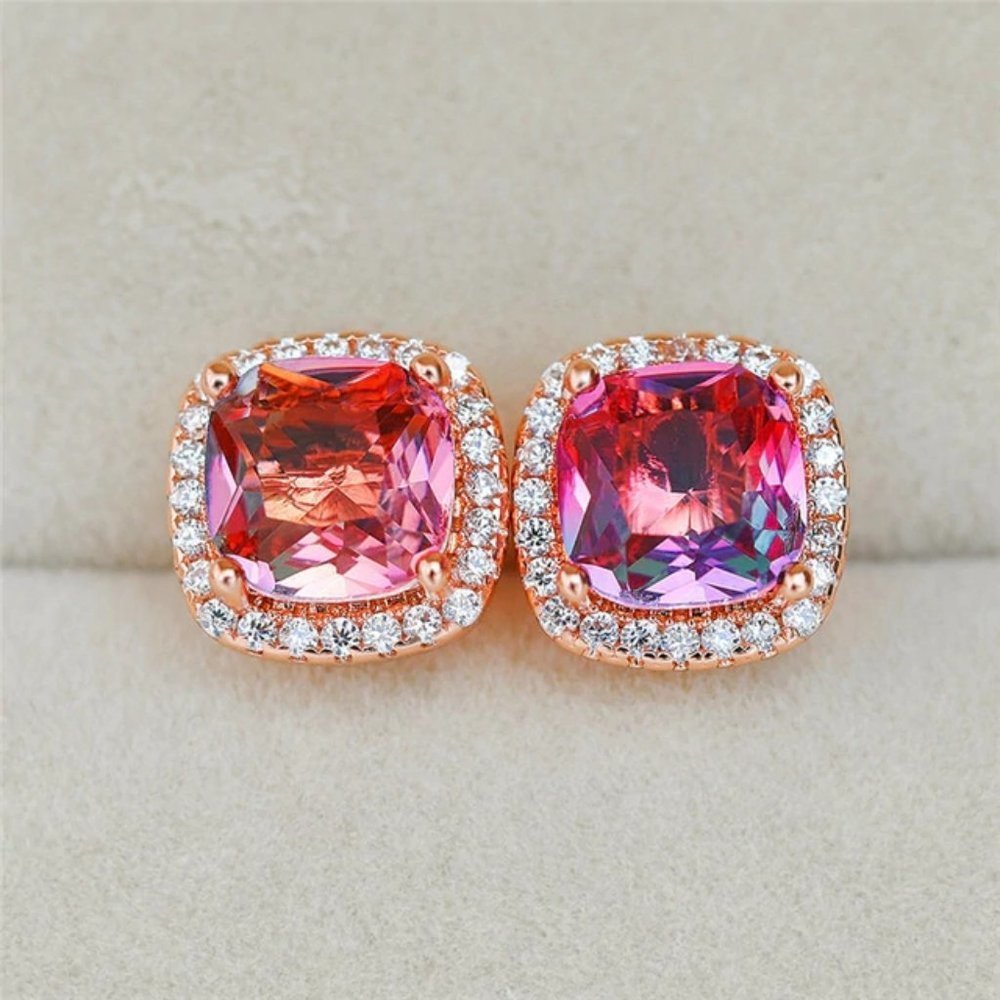 NEW Rose Gold Rainbow Diamond Halo Stud Earrings